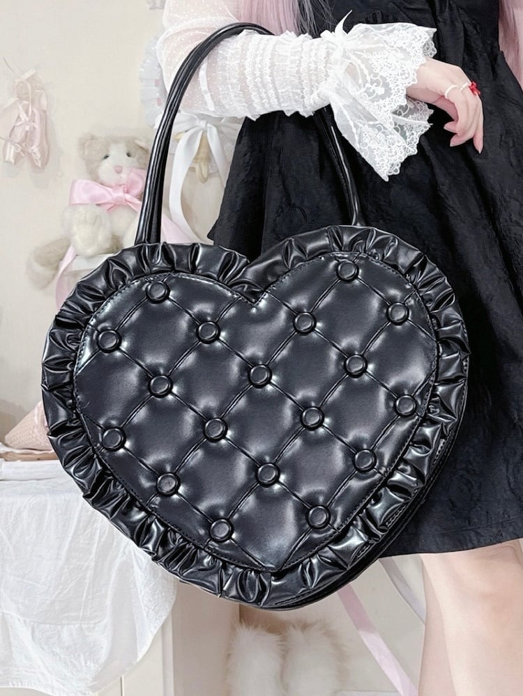 Schwarze Lolita-Schultertasche mit Rüschen, Spitzentasche, Herz-Geldbörse mit Rautenstich