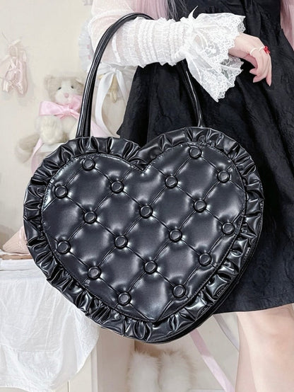 Schwarze Lolita-Schultertasche mit Rüschen, Spitzentasche, Herz-Geldbörse mit Rautenstich