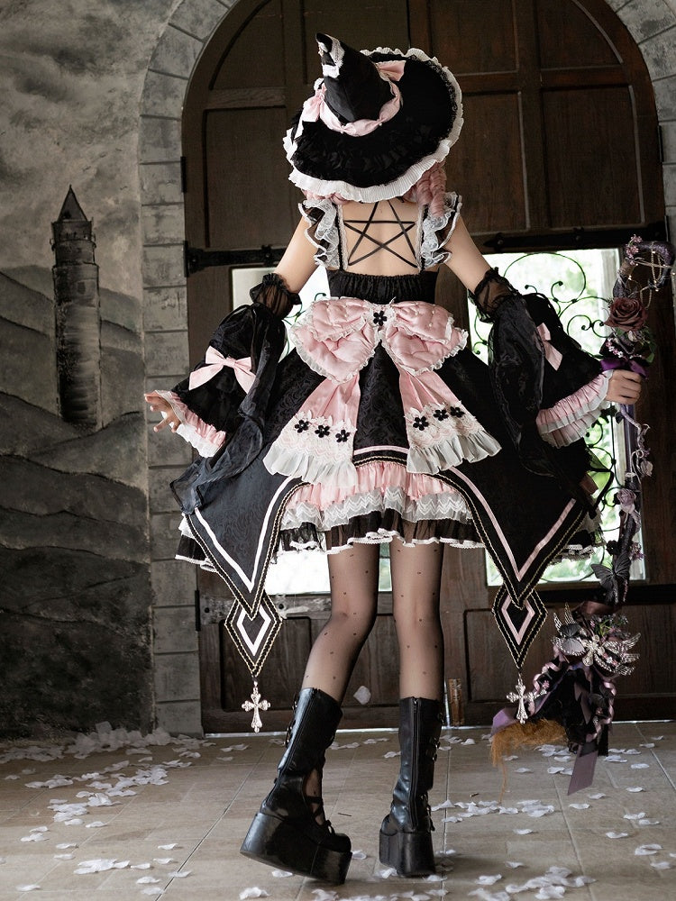 Witch-Themed Cross Accent Lolita JSK Full Ensemble in Black and Pink with Bow Train, Cape, Detachable Sleeves, Hat and Outer Sleeves - Felinae Cookie