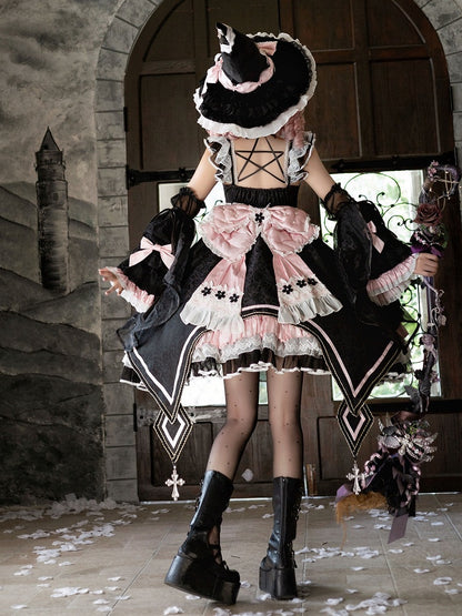 Witch-Themed Cross Accent Lolita JSK Full Ensemble in Black and Pink with Bow Train, Cape, Detachable Sleeves, Hat and Outer Sleeves - Felinae Cookie