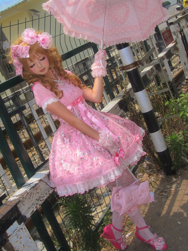 Pink Old School Lolita Floral Print OP Dress with Halter Straps - Asuka
