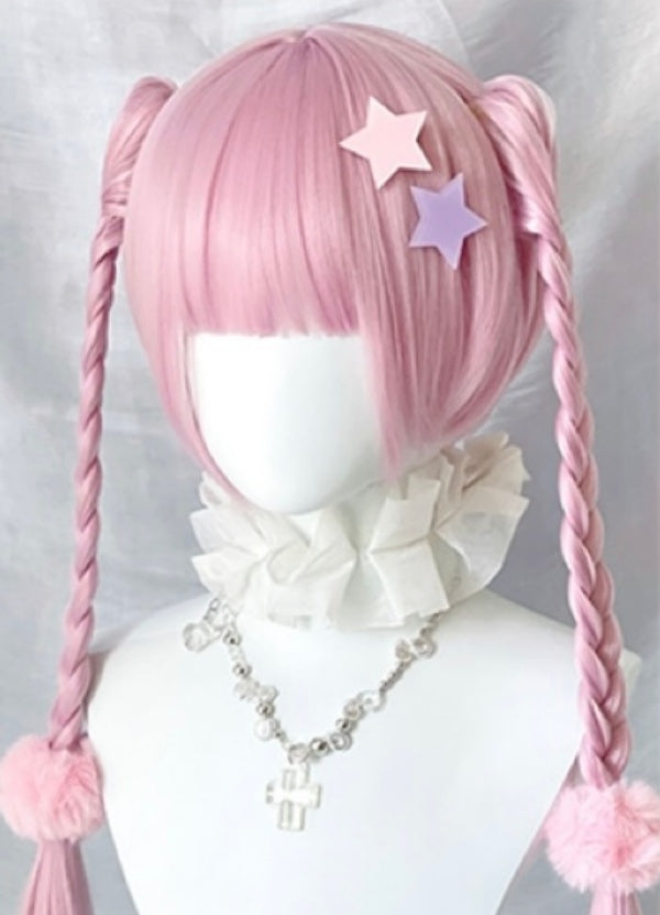 Bangs Double Braided Full 55CM Wig with 30CM Pink Straight Clip Ponytails Short Claw