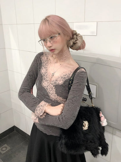 Lace Long Pink Trim Sleeve Top Gray Crossover