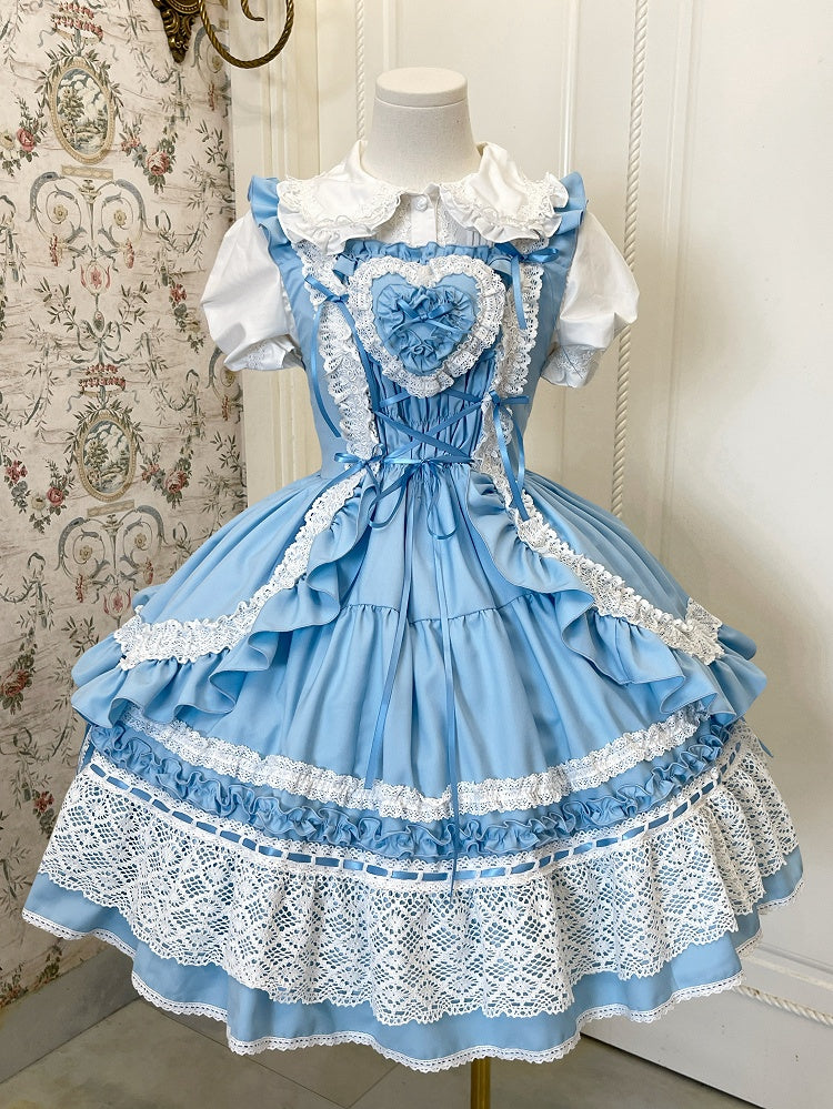 ブルーのボディスハート取り外し可能なパッド入りスクールドレス古いロリータジャンパースカート