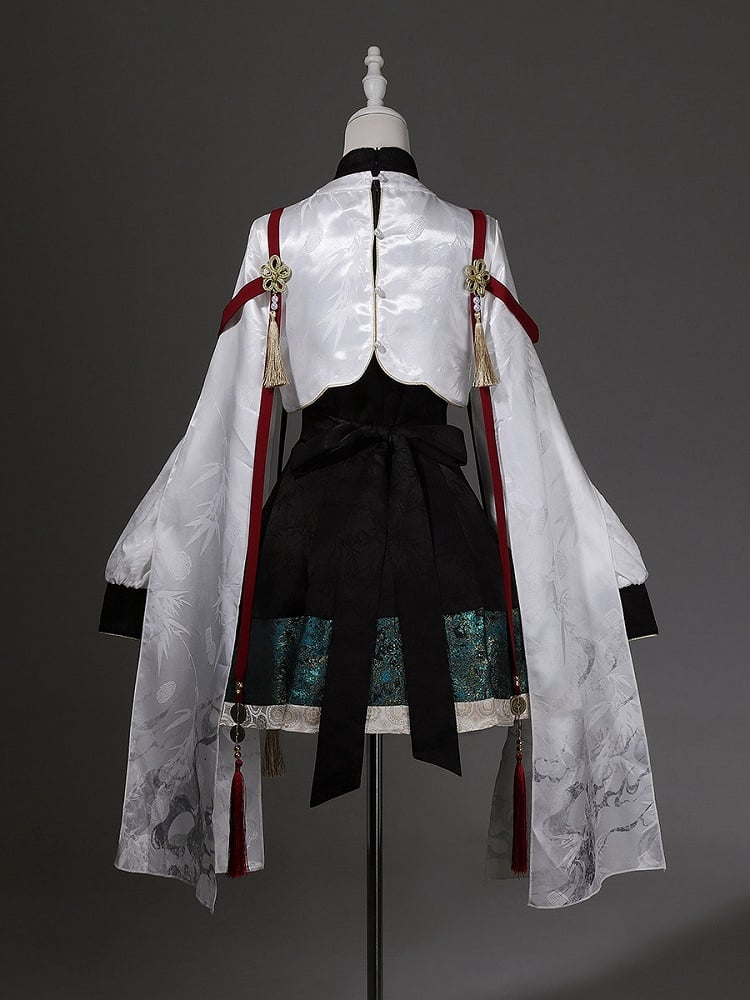 Green Chinoiserie + Balck White Cropped Crane Dress Lolita Tassel Top with Accents Embroidery
