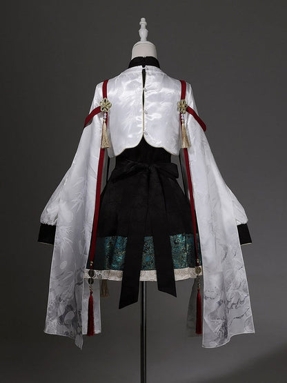 Green Chinoiserie + Balck White Cropped Crane Dress Lolita Tassel Top with Accents Embroidery