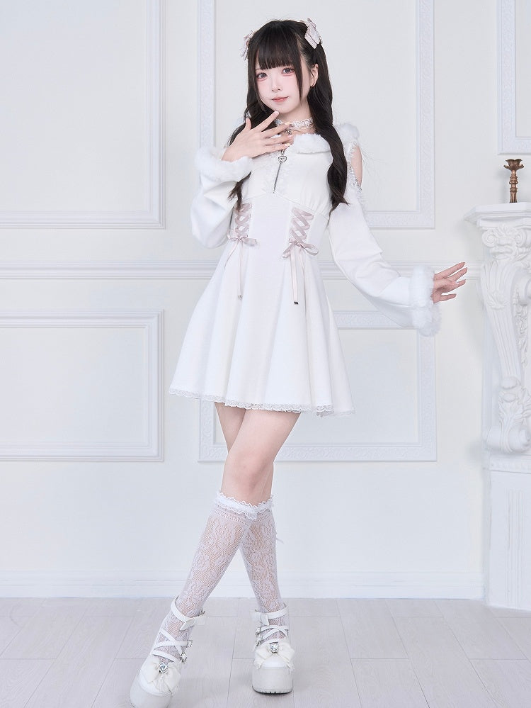 Pure Shoulder Jirai Hoodie with Beaded Chains Trim Plush Cutout Kei White Dress: