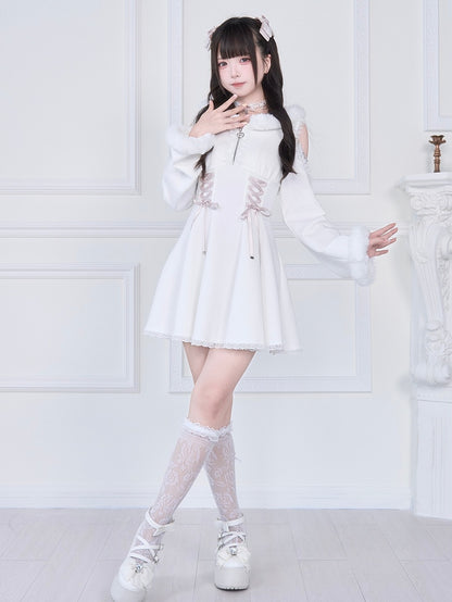 Pure Shoulder Jirai Hoodie with Beaded Chains Trim Plush Cutout Kei White Dress: