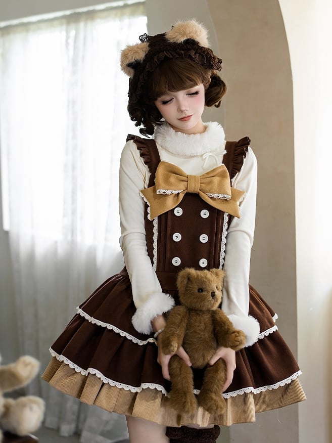 Dropped Lolita Sweet Hem Tiered Waist Dress Coffee Overall Bow with and