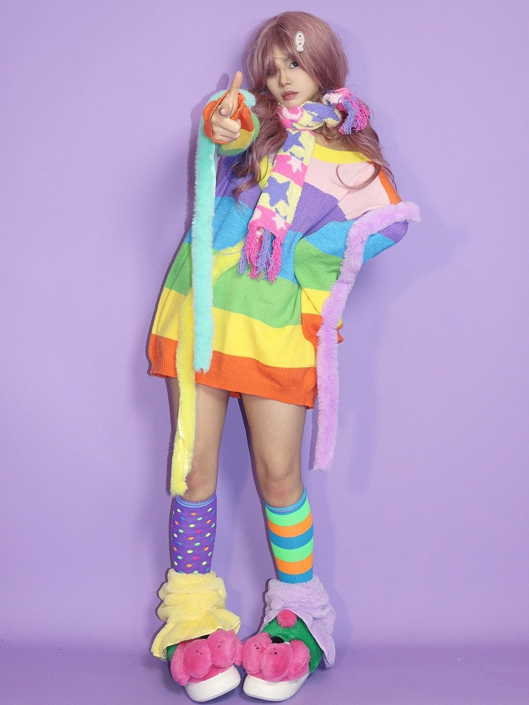 星とカラフルな月のストライプ柄スカーフ Y2K