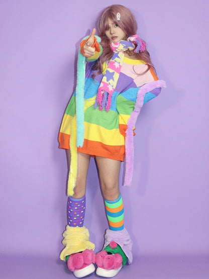 星とカラフルな月のストライプ柄スカーフ Y2K