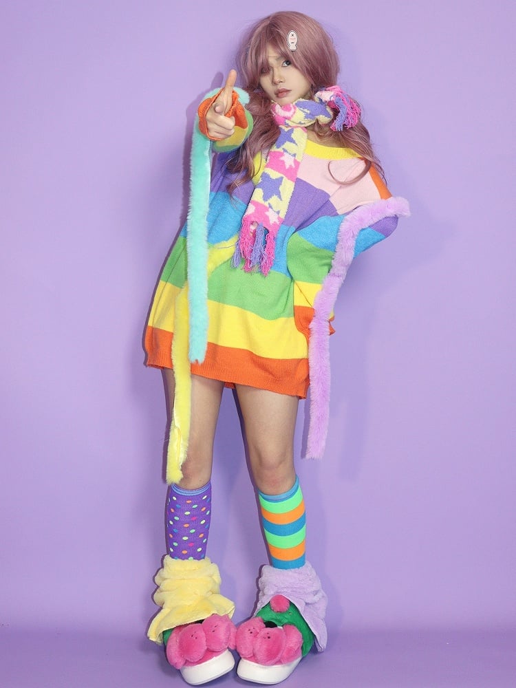 Y2K Pattern And Colorful Star Moon Striped Scarf