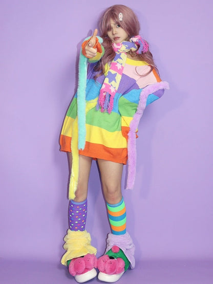 Y2K Pattern And Colorful Star Moon Striped Scarf