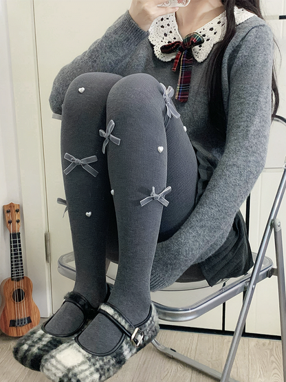 Milk White/Coffee/Gray Sweet Bowknot Heart Tights