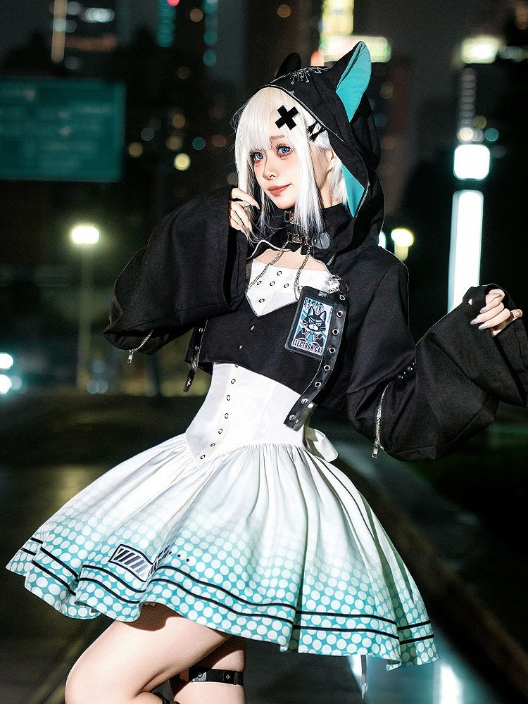 Electronic Cat Cutout Hooded Crop Top & Self-Tie Gown in Black Blue - Xiong Dou Jiang