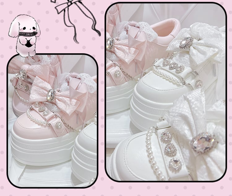 Plateau-Schleife, Jirai-Oberteil, Kettendetail, Strasssteine, klobige Sneakers, weiße Kei-Perlen