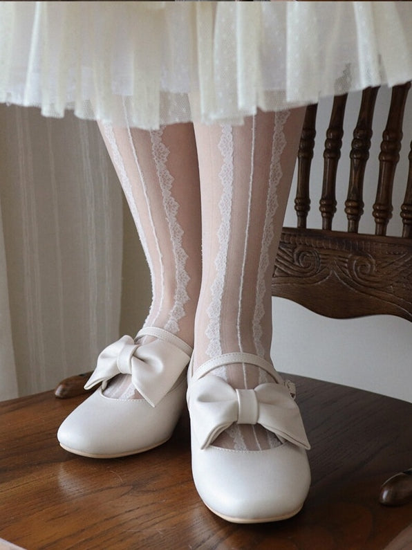 Heart with - Bow Off-white Decor Classic Clasp Mary Heel PU Romantic in Mid Janes