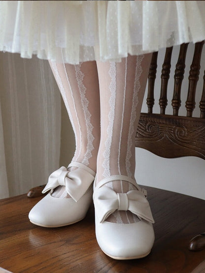 Heart with - Bow Off-white Decor Classic Clasp Mary Heel PU Romantic in Mid Janes