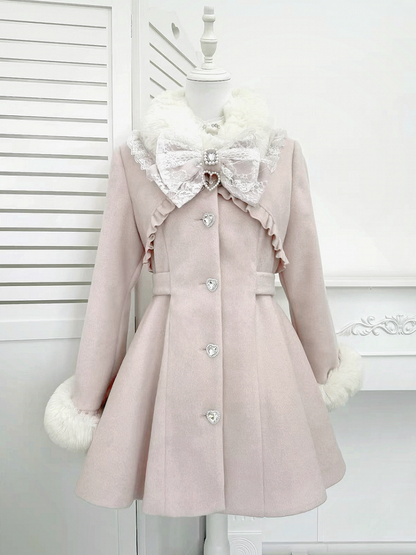 Buttons Jirai with Heart Rhinestone Waist-Cinched Coat Pink Kei