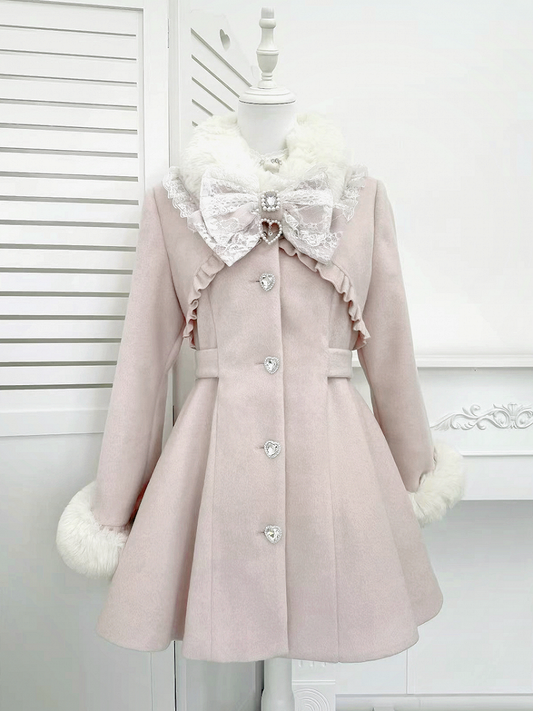 Buttons Jirai with Heart Rhinestone Waist-Cinched Coat Pink Kei