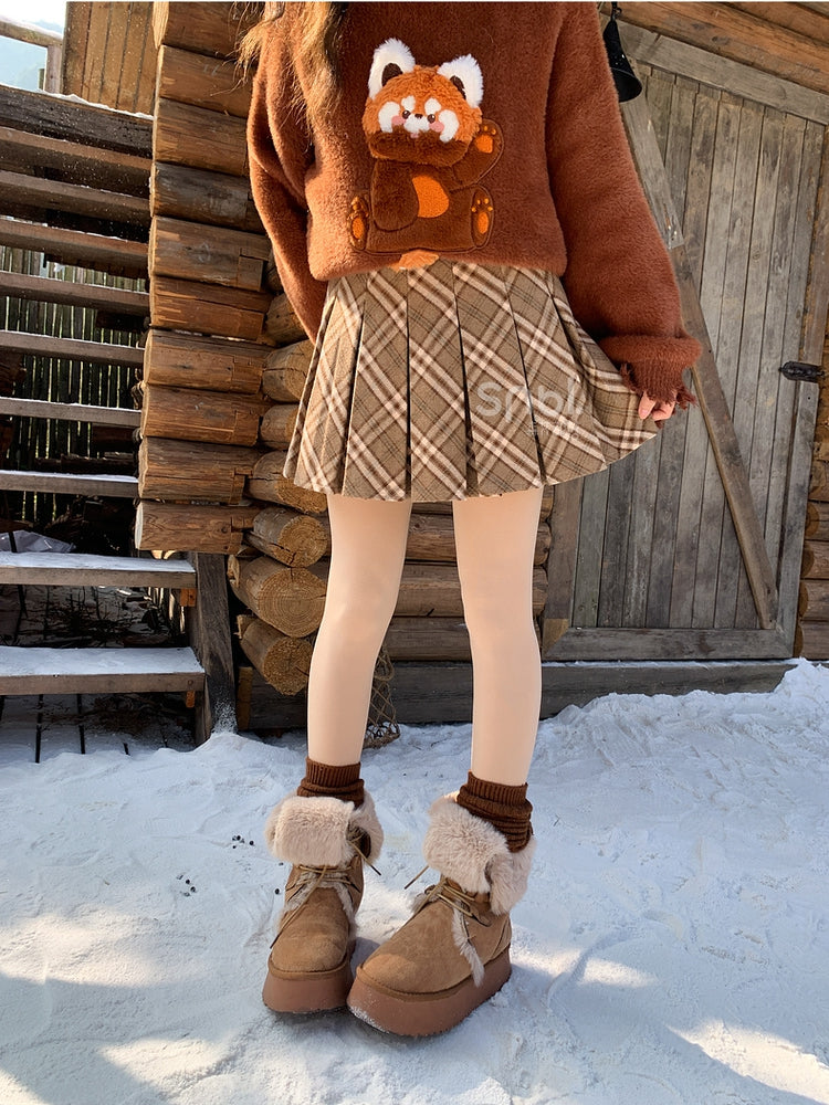 Brown High Waist Plaid Box Pleat Skirt