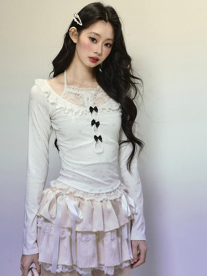 White Bows Print Lace Trim Halter Neck Top