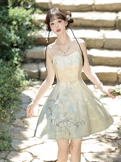 Sheer Top Set with Light Green Sleeveless Dress, Floral and Bird Embroidery, Modern Chinese Style - Han Ru Chu Hanfu &amp; Han-Element Studi