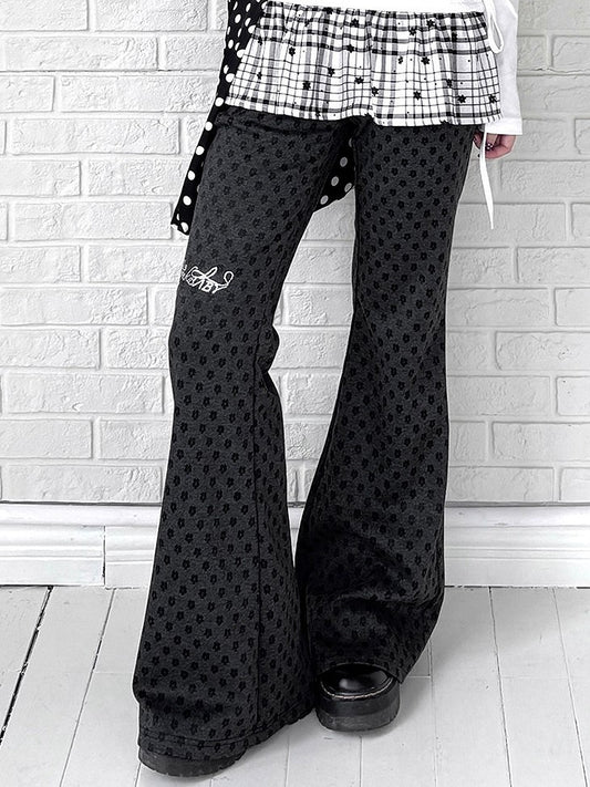 Accents Silhouette Pants Deep Pattern with Gray Kawaii Flare Floral Rhinestone Daily