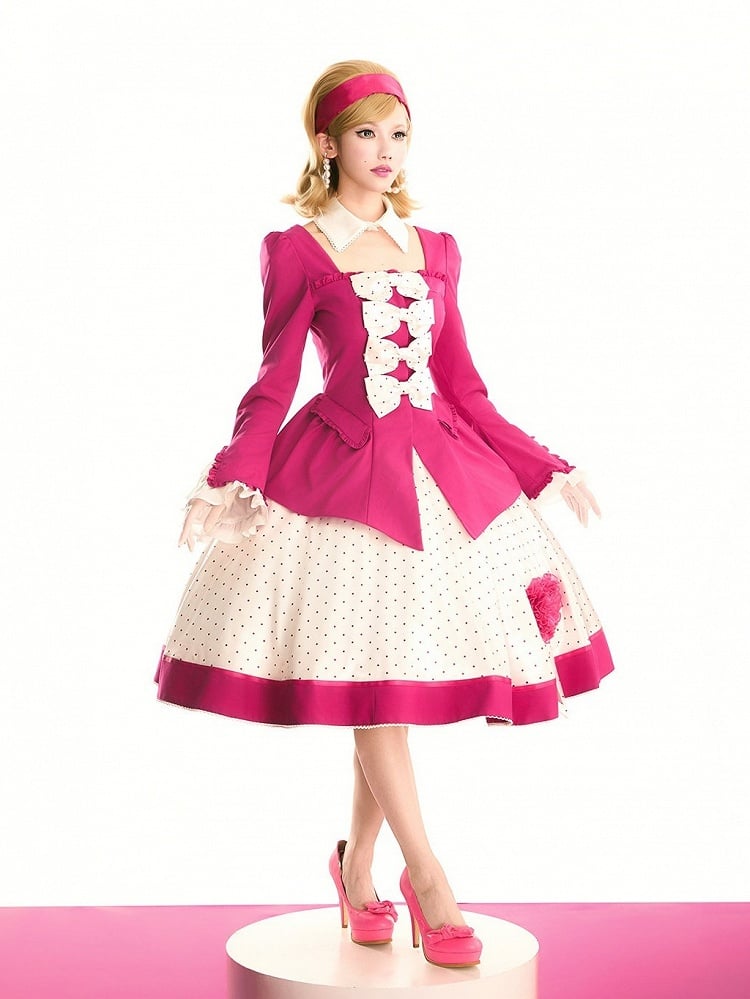 Retro Pink Blazer & Polka Dot Skirt Ensemble with Bow Accents and Detachable Collar - Charing Cross
