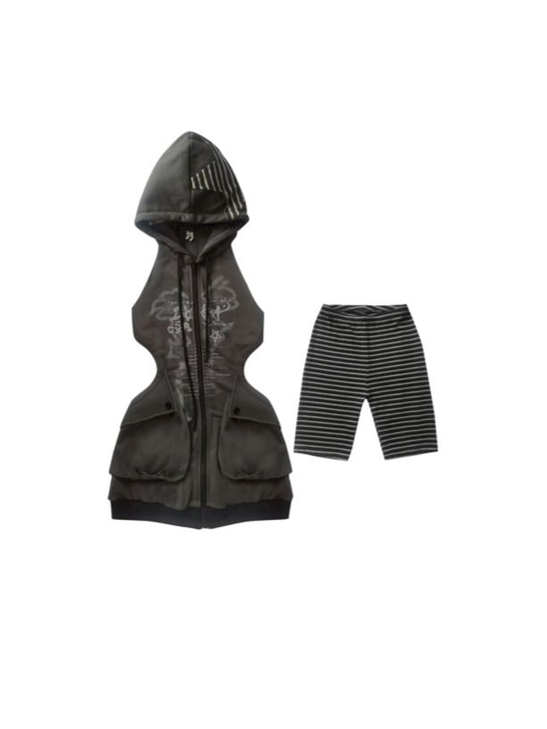 Coordinated Striped Hoodie Dark Zip-front Dress Cutout Gray Set: Punk Shorts Streetwear Graffiti