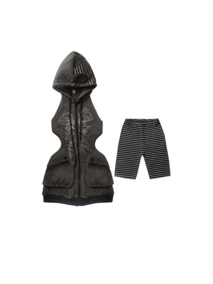 Coordinated Striped Hoodie Dark Zip-front Dress Cutout Gray Set: Punk Shorts Streetwear Graffiti