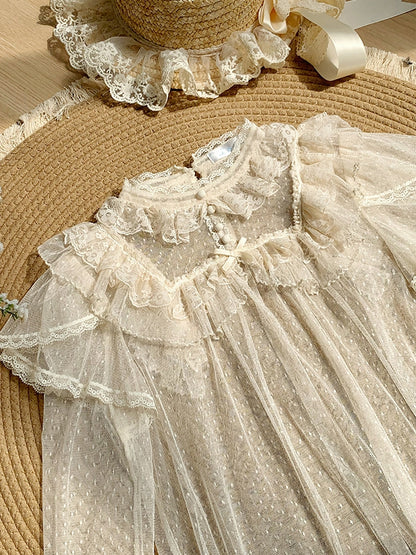 ロングチュールシアートップス レース ベージュスリーブ ドット