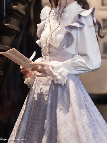 Sleeve Blouse Kei with Ruffled and Placket Long Sweetheart Jirai White Buttons