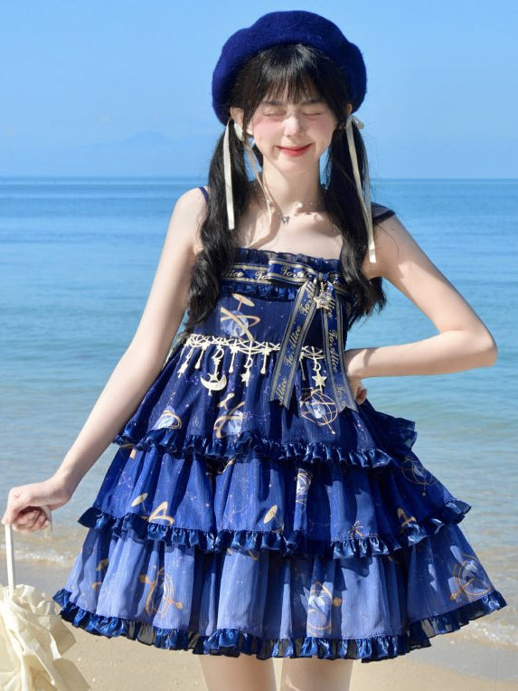 ネイビーブルーの天球儀と星空エンパイアウエストのロリータジャンパースカート