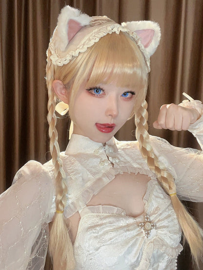 クロー編みポニーテールウィッグ前髪付きショート55cmダブルブロンドフルクリップ30cm+ストレート