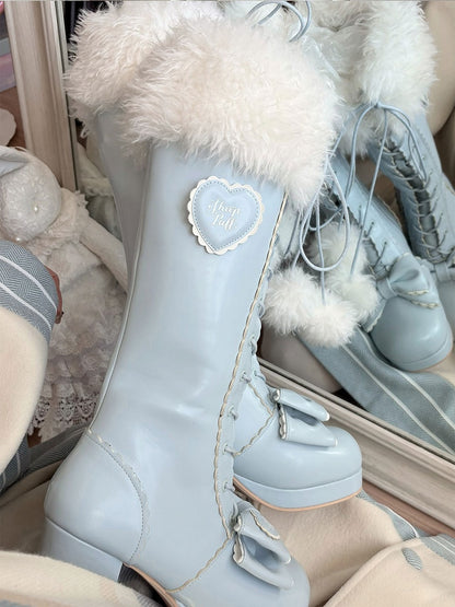 with PU in Cuff Plush Knee-Highs Blue Mid-heel