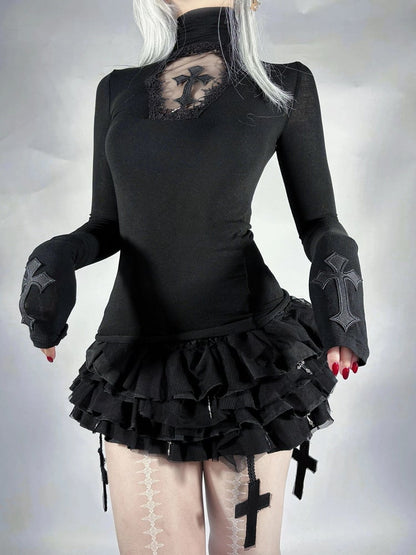 Gothic Black Coffin Cutout Crosses Adorned High Neck Long Sleeves Top