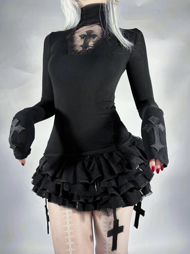 Coffin Sleeves Crosses Cutout High Top Adorned Black Neck Gothic Long