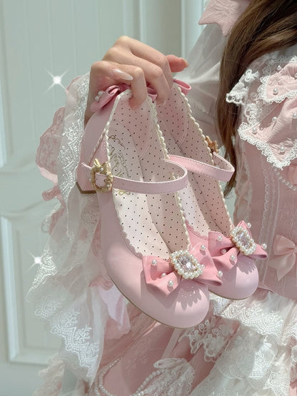 ジェーンズ ボウノット ラインストーン装飾 ラウンド メアリー ロリータ ディテール ビーズトゥ ピンク