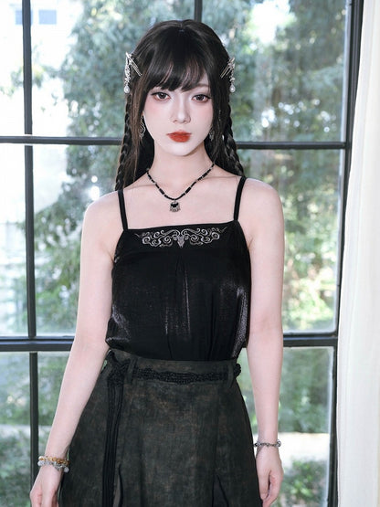 Chinese Gothic Black Cami Top with Deer Embroidery - Quirky Hut