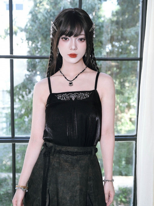 Chinese Gothic Black Cami Top with Deer Embroidery - Quirky Hut