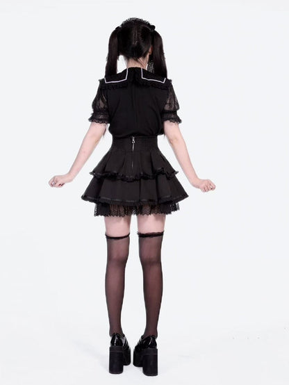 High Jirai Black Skirt with Tiered Bows Waist Kei