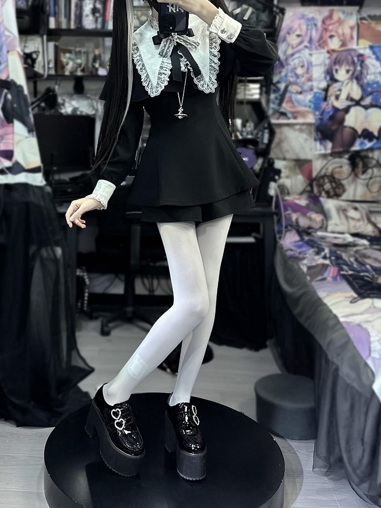 Set: Shorts Pointed Long Bow Black Gothic Tie Full White Landmine Faux Sleeve Detachable Collar Cape + Top Style