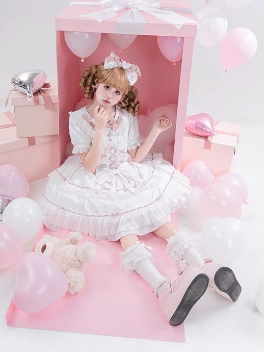 Hime Pink und Peter Pan Kragen Stufenrock Balletcore Lolita Kleid Weiß OP