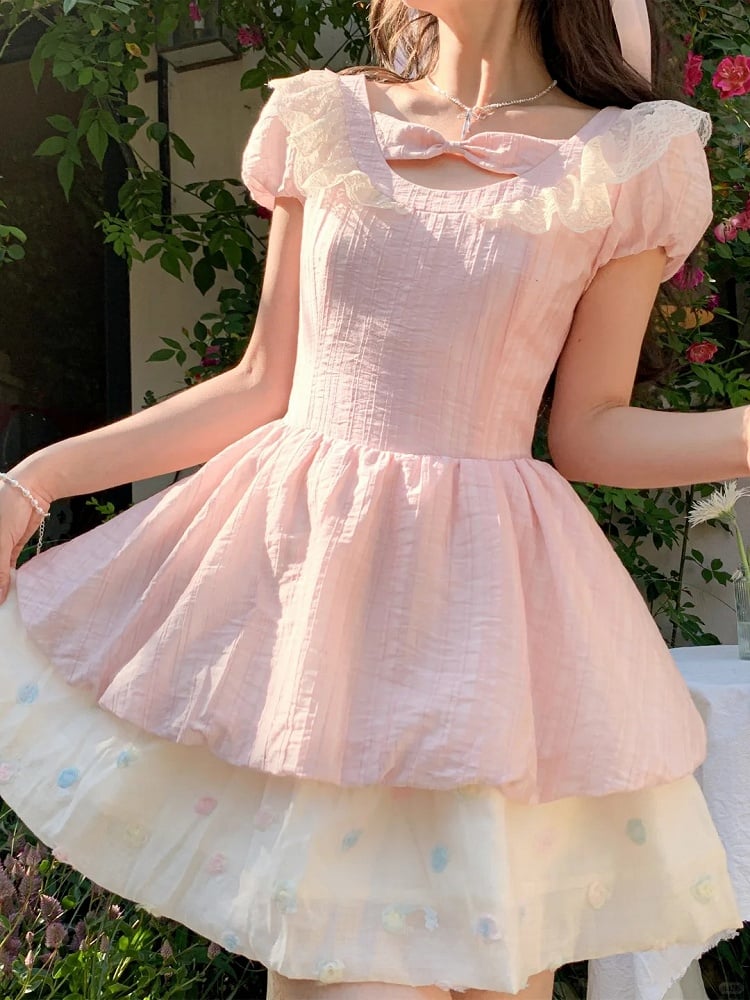 Rosa Bowknot Detail Ausschnitt Stufenrock Saum Süßes Kleid Bunte Polka Dot