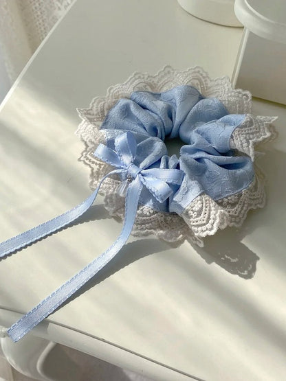 Elegant Lolita Scrunchies with Blue Bow Beige Ribbon