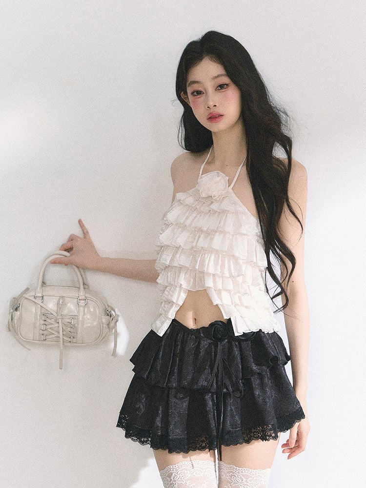 Halter Neck Top Apricot/Pink Decorated Tiered Ruffles Floral