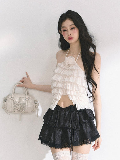 Halter Neck Top Apricot/Pink Decorated Tiered Ruffles Floral