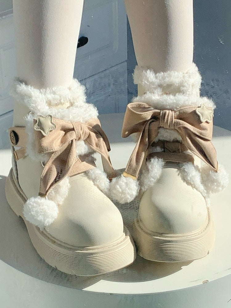 - Apricot Pompom 5.5cm Platform Fastening Lolita Bow Sweet Beige with Lining Ankle Boots Dual Plush