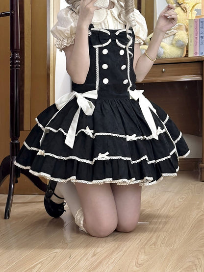 Double-Breasted Black Trim Sweet with Lolita Overall Buttons White Lace Dress and